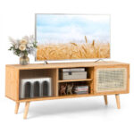 Natural Bamboo TV Stand with Rattan and Glass Sliding Doors
