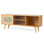 Natural Bamboo TV Stand with Rattan and Glass Sliding Doors