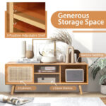 Natural Bamboo TV Stand with Rattan and Glass Sliding Doors