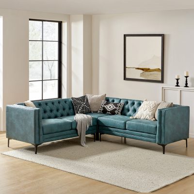 Moira Blue Faux Leather Tufted Modular Sectional Sofa