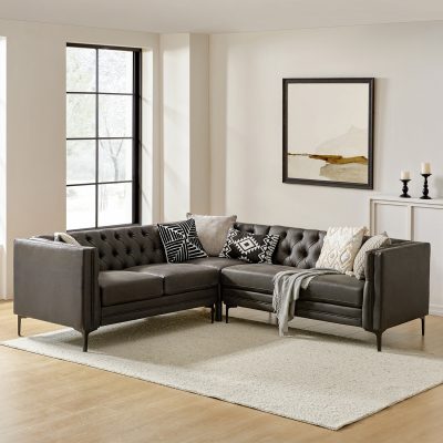 Moira Charcoal Faux Leather Tufted Modular Sectional Sofa
