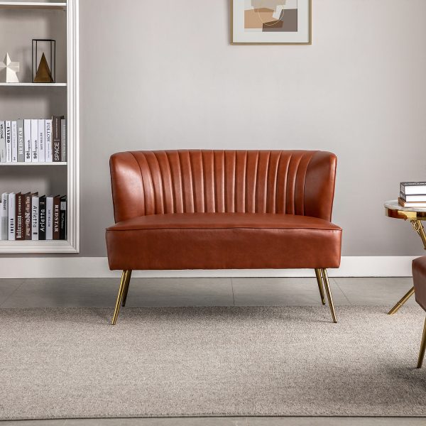 Monica Brown Faux Leather Tufted Metal Leg Loveseat