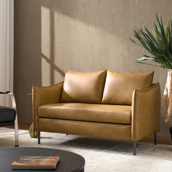 Monroe Camel Faux Leather Industrial Loveseat Movable Cushions 1
