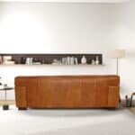 Tan Mid-Century Modern Leather Sofa With Walnut Wooden Legs