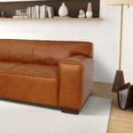 Tan Mid-Century Modern Leather Sofa With Walnut Wooden Legs