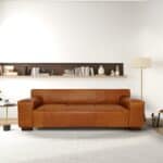 Tan Mid-Century Modern Leather Sofa With Walnut Wooden Legs