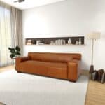 Tan Mid-Century Modern Leather Sofa With Walnut Wooden Legs