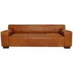 Tan Mid-Century Modern Leather Sofa With Walnut Wooden Legs