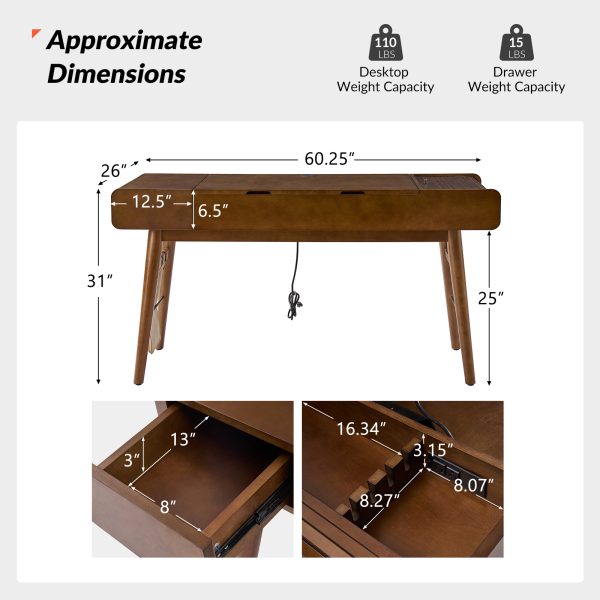 Morris Walnut Sit Stand Mid Century Modern Desk with Charging 4
