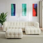 Cream Boucle Mid-Century Modern Ottoman with Wood Frame