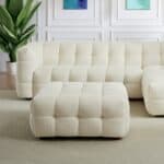 Cream Boucle Mid-Century Modern Ottoman with Wood Frame