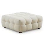 Cream Boucle Mid-Century Modern Ottoman with Wood Frame