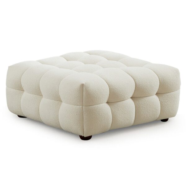 Cream Boucle Mid-Century Modern Ottoman with Wood Frame
