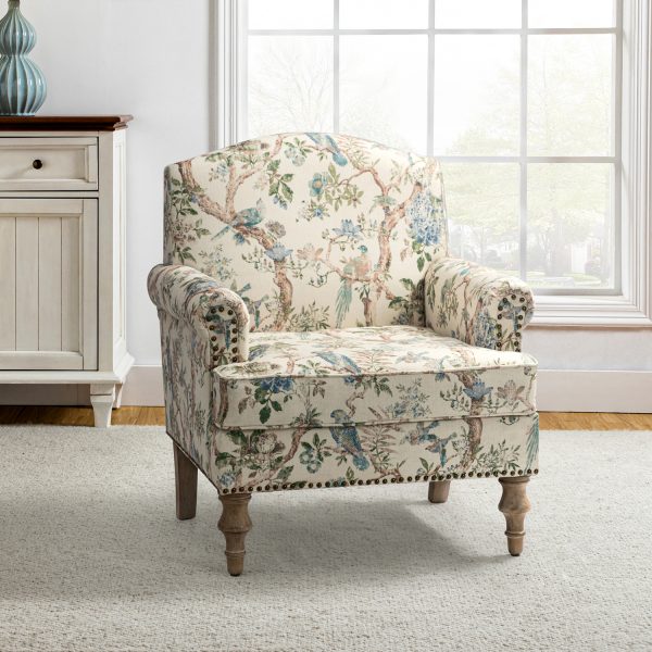 Murray Bird Print Farmhouse Nailhead Trim Accent Armchair