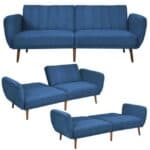 Modern Blue Linen Upholstered Sofa Bed with Wooden Legs