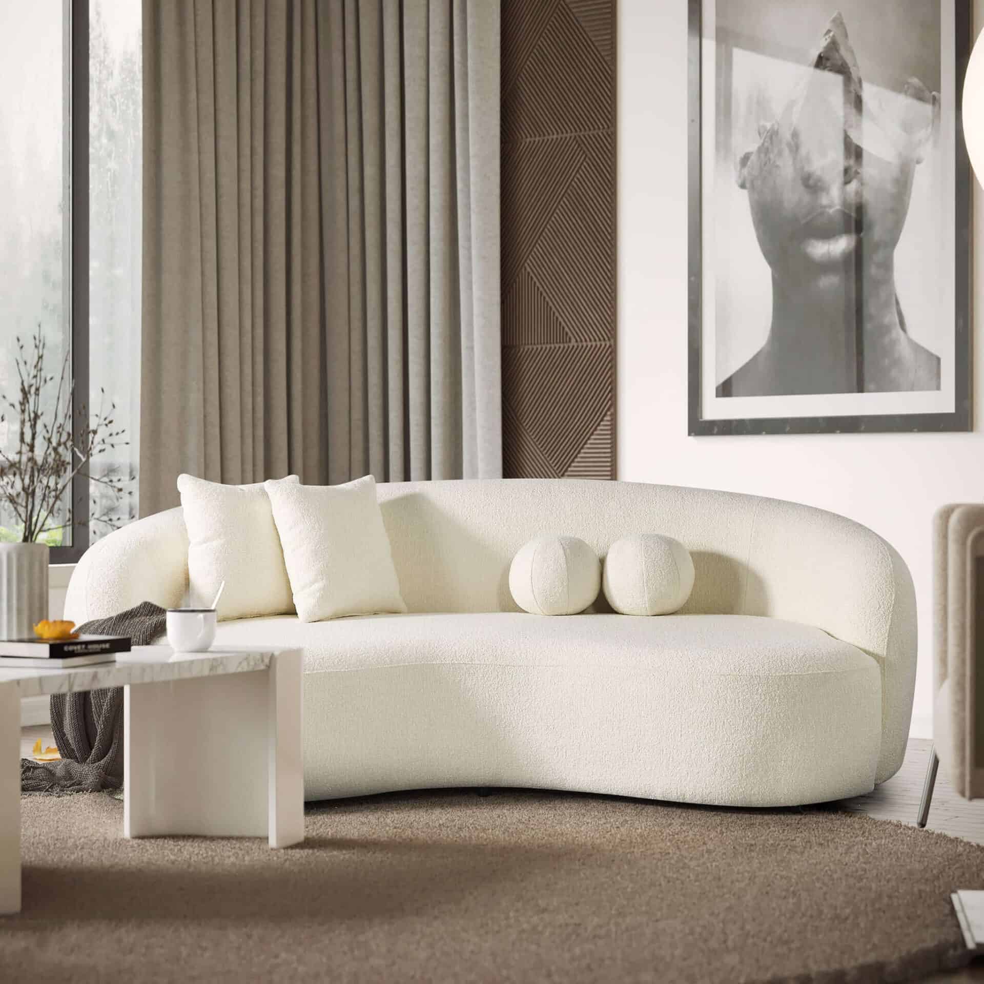 Ivory Boucle Tufted Sofa with Walnut Legs 3 Ivory Boucle Tufted Sofa with Walnut Legs - Image 3