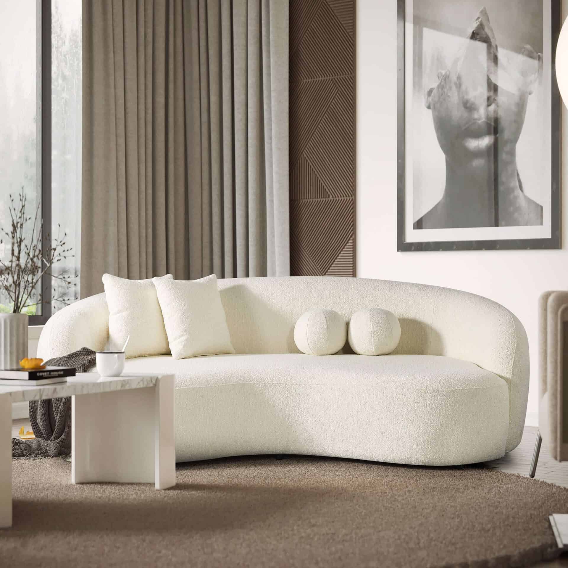 Ivory Boucle Tufted Sofa with Walnut Legs 11 Ivory Boucle Tufted Sofa with Walnut Legs