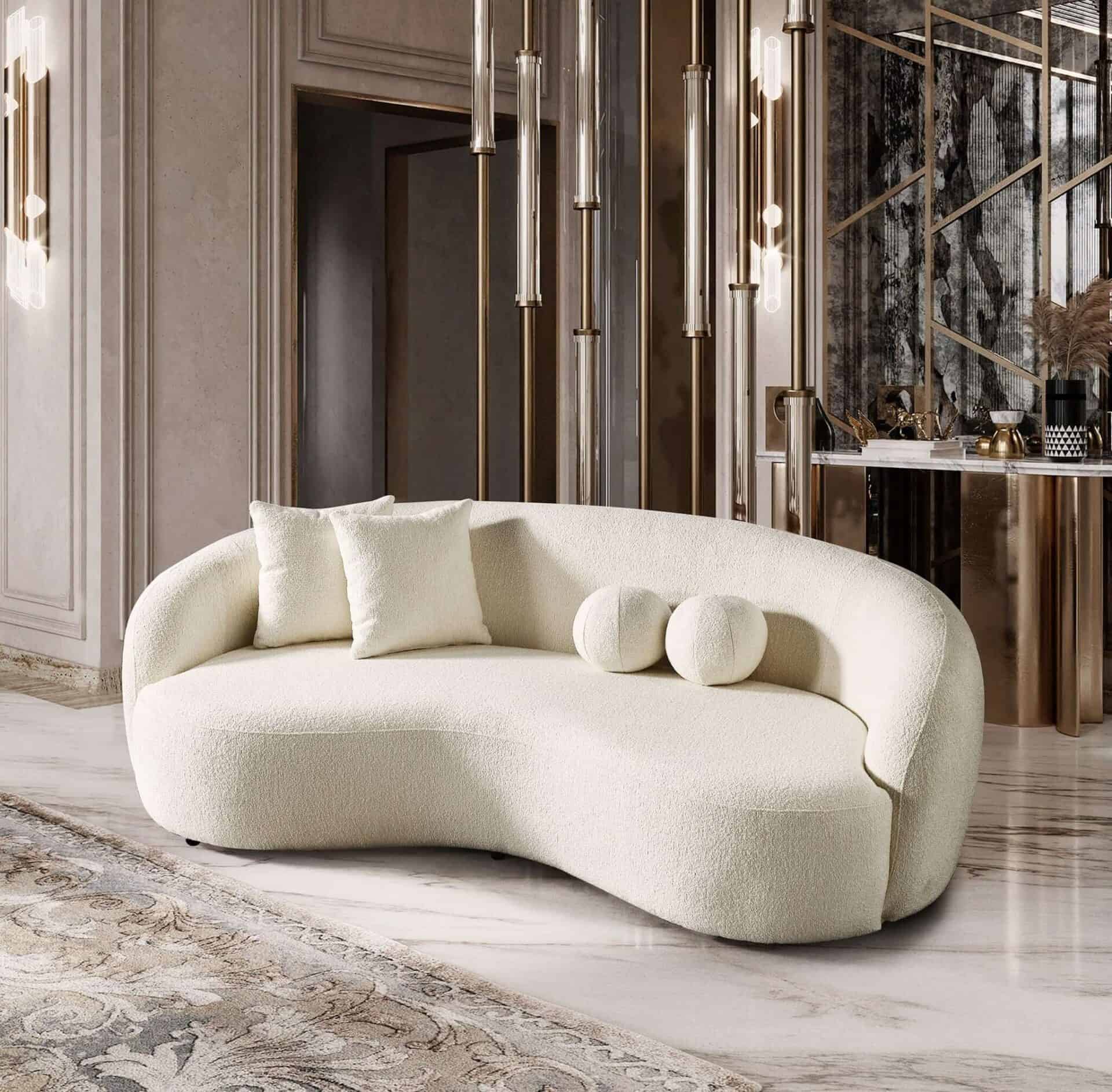 Ivory Boucle Tufted Sofa with Walnut Legs 1 Ivory Boucle Tufted Sofa with Walnut Legs