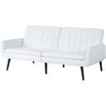 Modern Mid-Century White Linen Futon Sleeper Sofa Bed