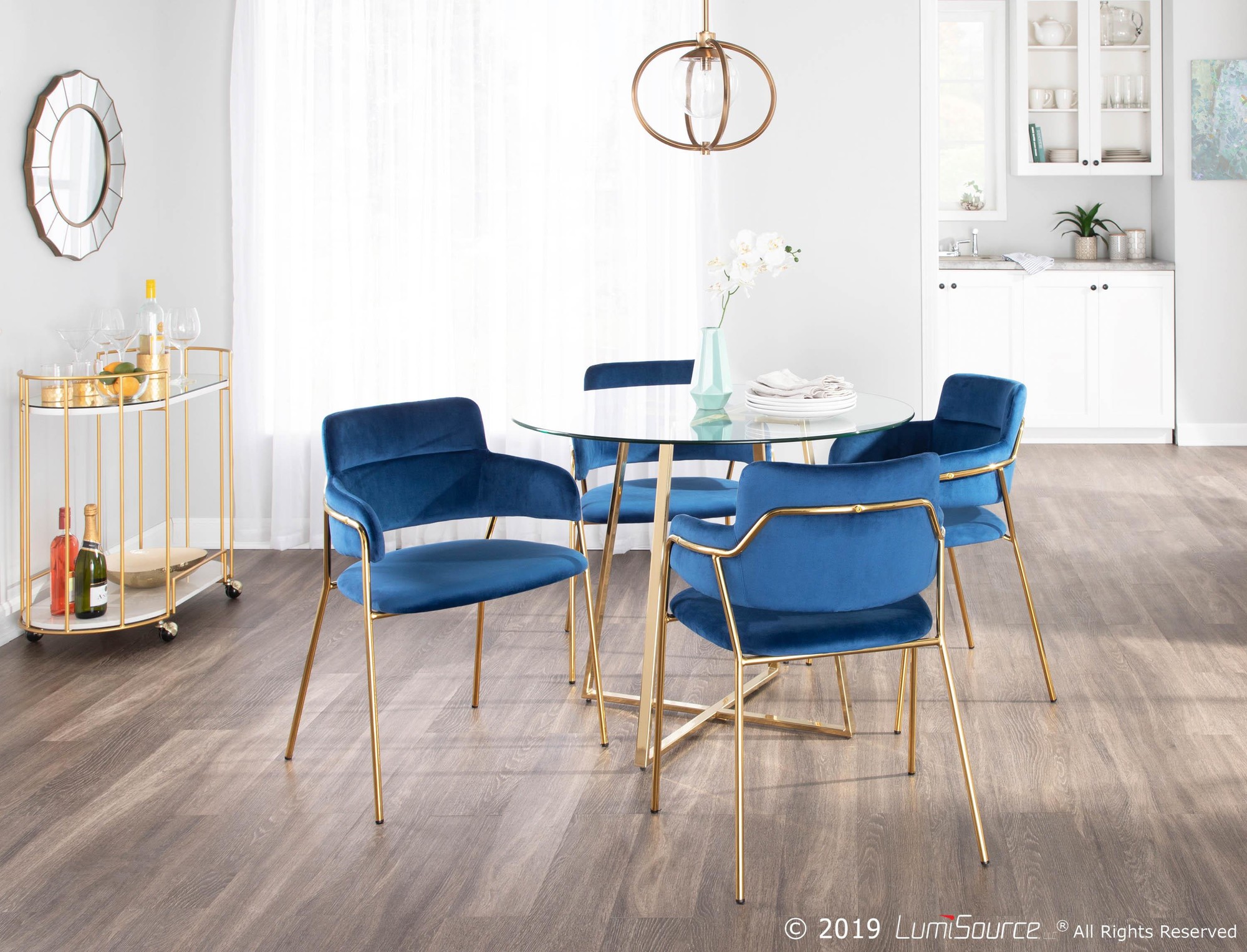 Napoli Blue Velvet Gold Contemporary Chairs (Set of 2) 2 Napoli Blue Velvet Gold Contemporary Chairs (Set of 2) - Image 2