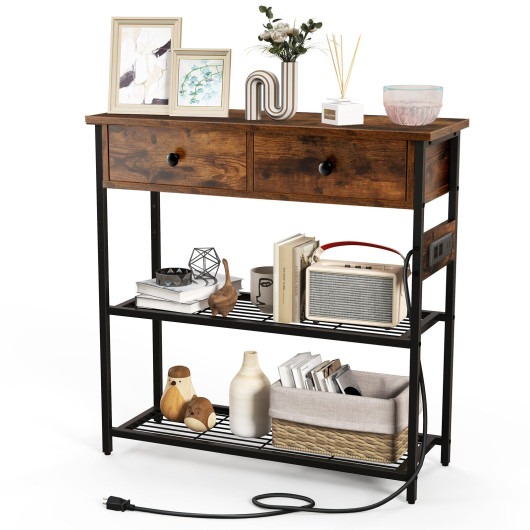 Rustic Console Table with Drawers, Shelves, and Charging Ports 4 Rustic Console Table with Drawers, Shelves, and Charging Ports - Image 4