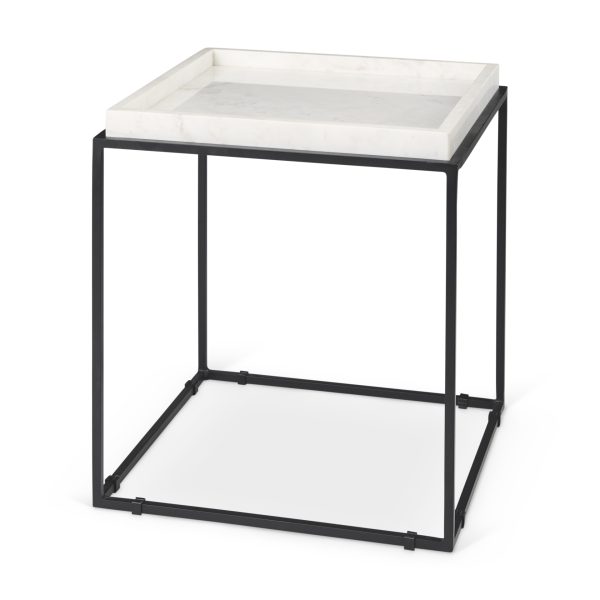 Nathan II 18 x 20 Square Top White Marble and Black Metal EndSide Table