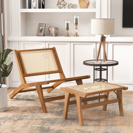 Teak Wood Foot Rest with Handwoven Rattan Surface 2 Teak Wood Foot Rest with Handwoven Rattan Surface - Image 2