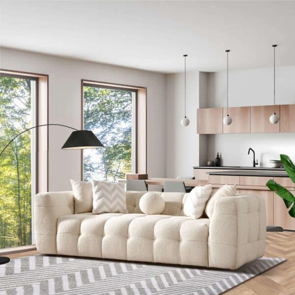 Ivory Boucle Tufted Mid Century Modern 3-Seater Sofa