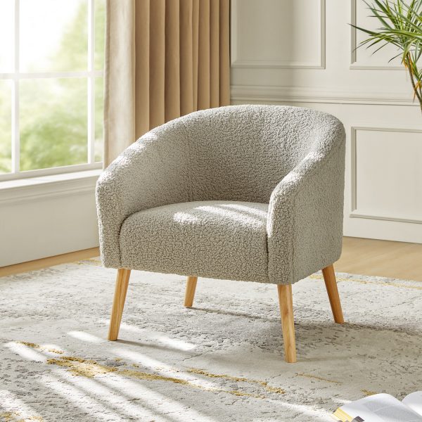 Nell Grey Boucle Barrel Accent Chair with Solid Wood Legs