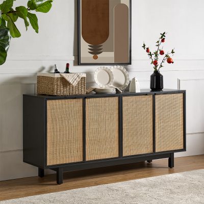 Nemo Black Rattan 4-Door LED Modern Farmhouse Sideboard