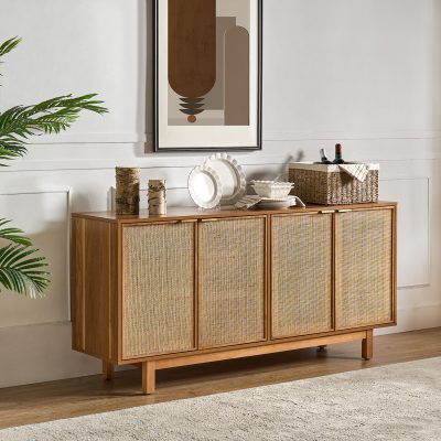 Nemo Walnut Rattan 4-Door Modern Farmhouse Sideboard with LED
