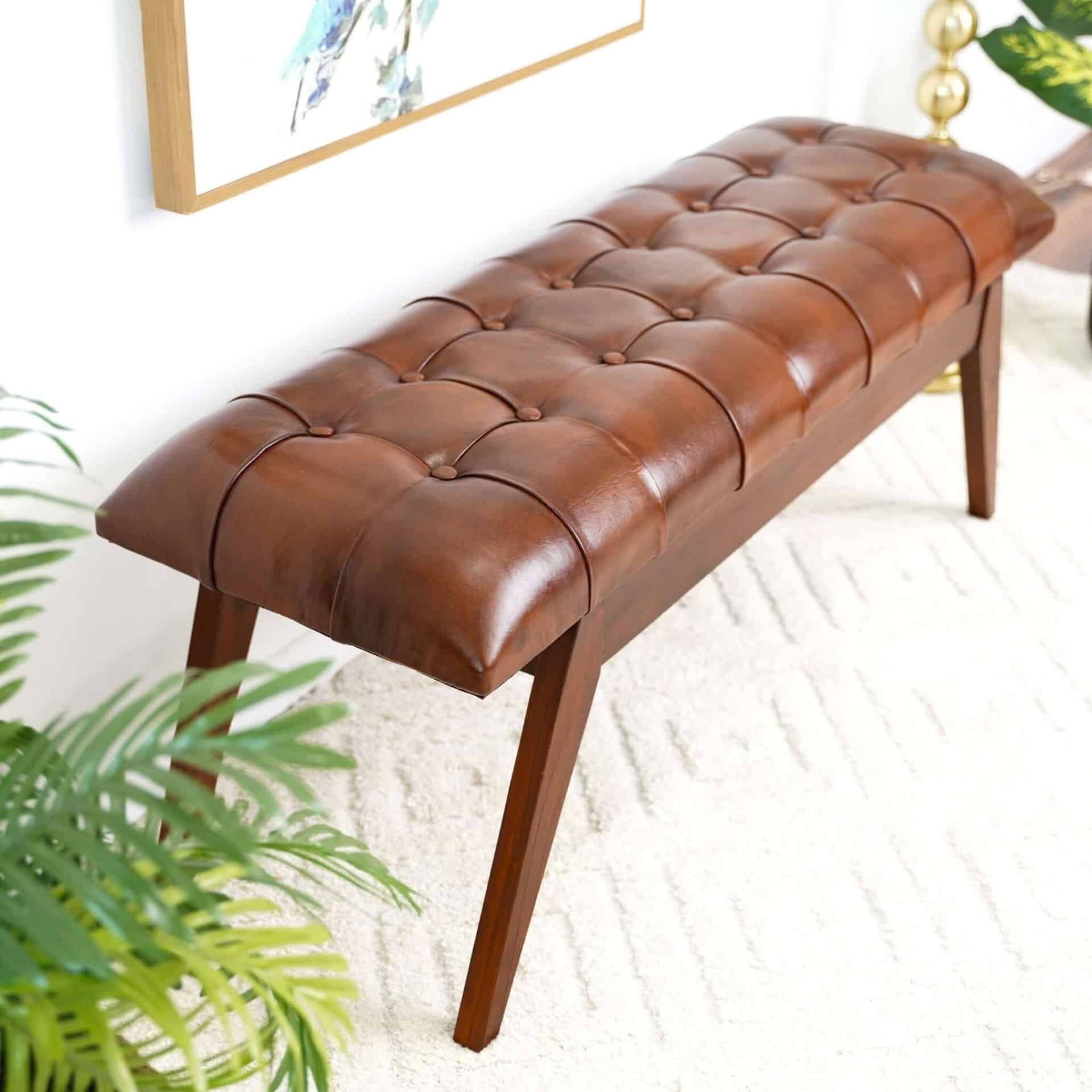 Cognac Leather Mid Century Modern Upholstered Bench 10 Cognac Leather Mid Century Modern Upholstered Bench