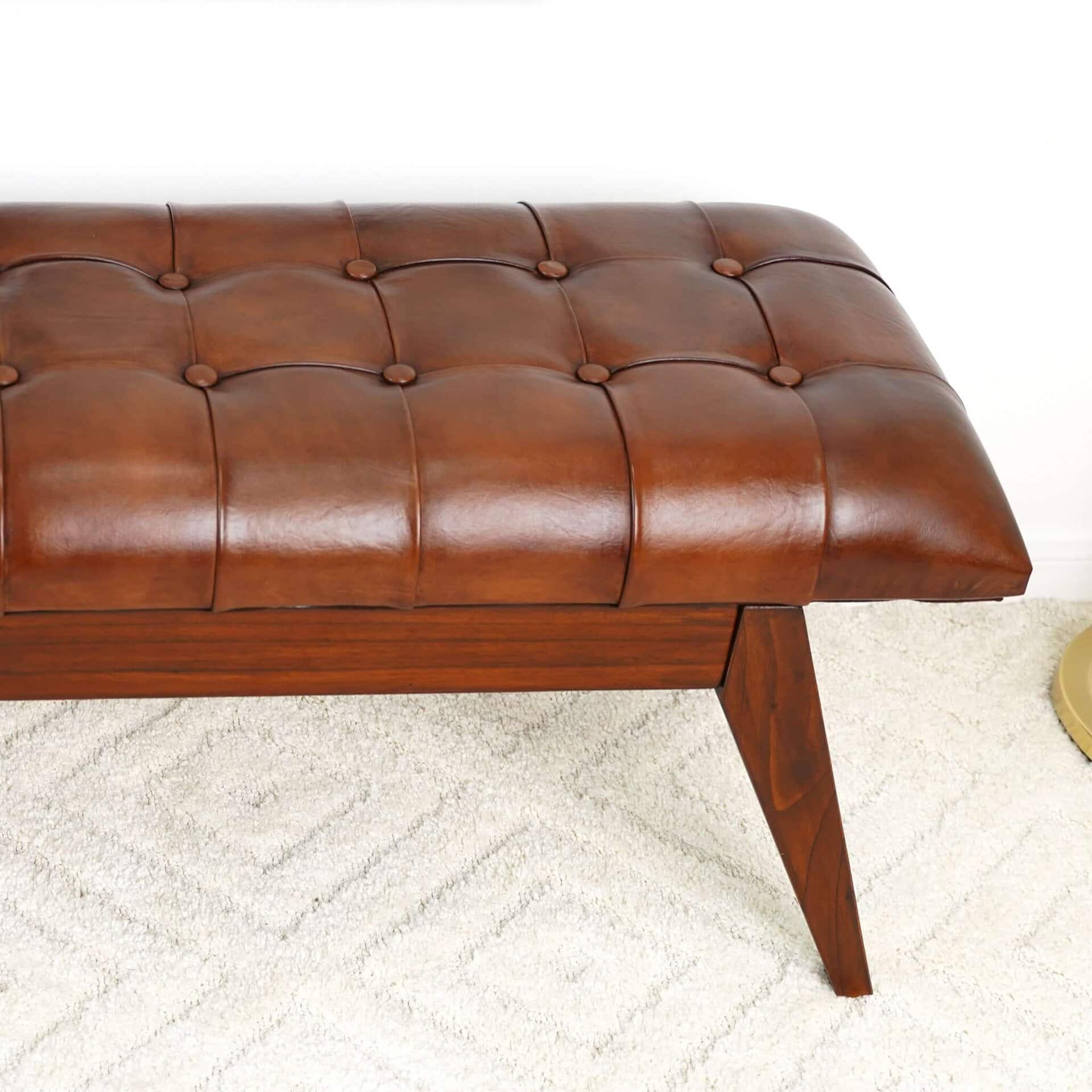 Cognac Leather Mid Century Modern Upholstered Bench 9 Cognac Leather Mid Century Modern Upholstered Bench
