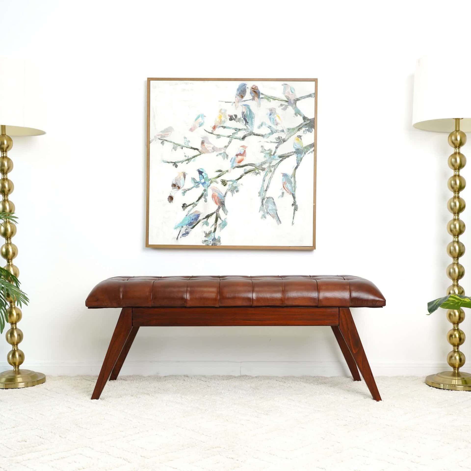 Cognac Leather Mid Century Modern Upholstered Bench 8 Cognac Leather Mid Century Modern Upholstered Bench