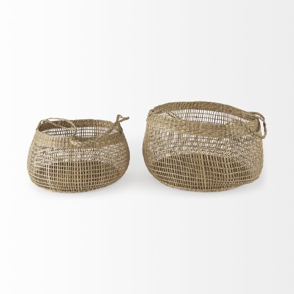 Nova 15.0L x 15.0W x 9.4H Set of 2 Light Brown Seagrass Woven Round Basket W Long Handle 2