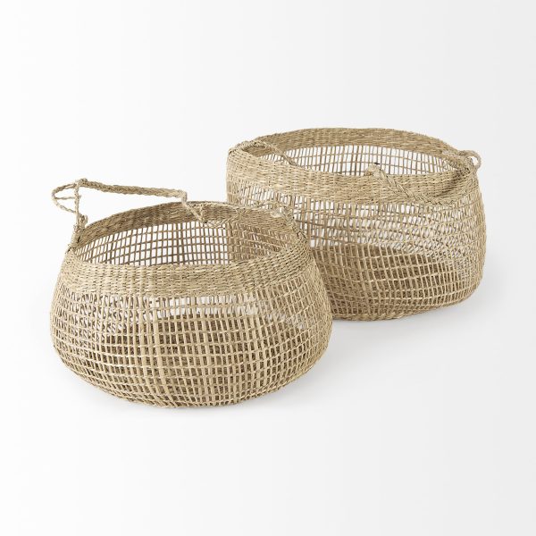 Nova 15.0L x 15.0W x 9.4H Set of 2 Light Brown Seagrass Woven Round Basket W Long Handle 3