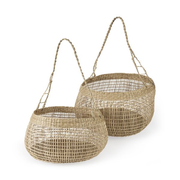 Nova 15.0L x 15.0W x 9.4H Set of 2 Light Brown Seagrass Woven Round Basket W Long Handle