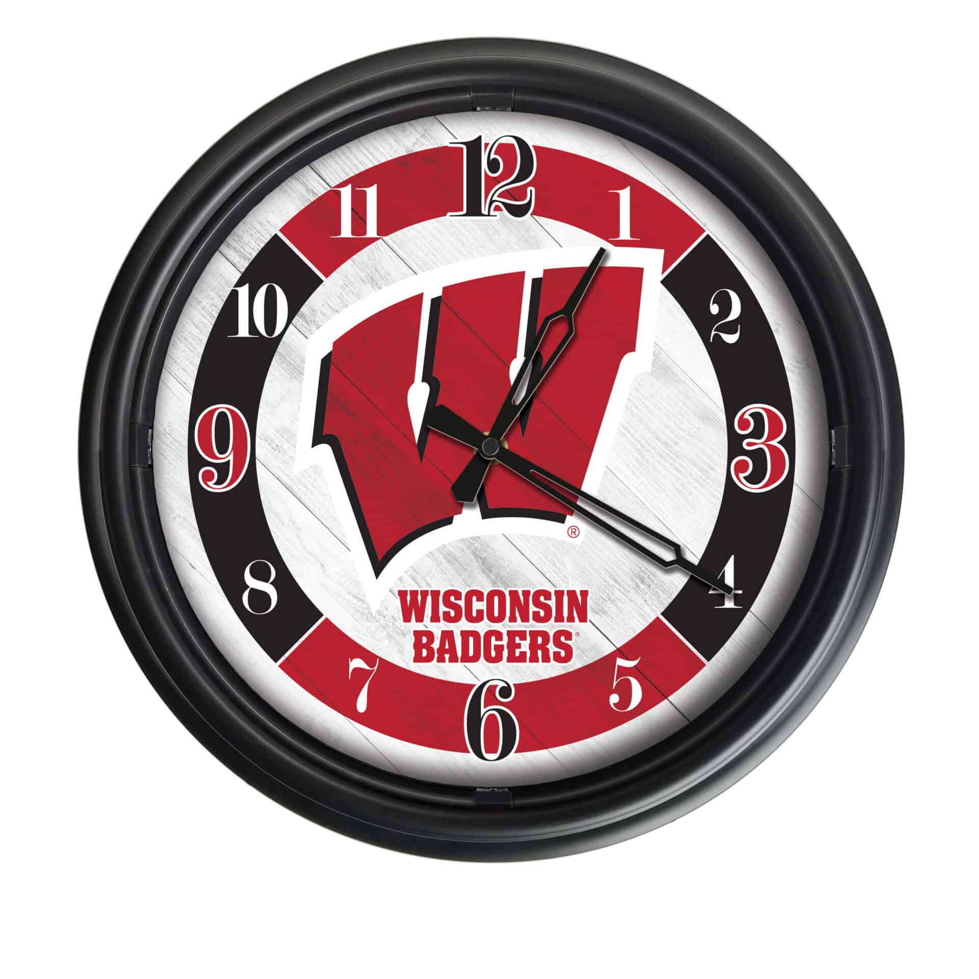 University of Wisconsin (W) 14-Inch Indoor/Outdoor LED Wall Clock in Black 1 University of Wisconsin (W) 14-Inch Indoor/Outdoor LED Wall Clock in Black