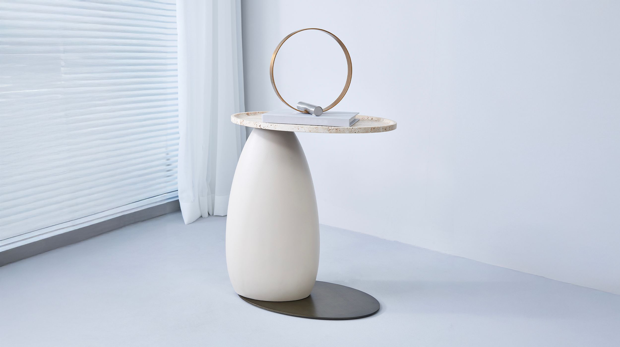 OLLO End Table Travertine Top Ivory Cement Patina Bronze Base 3 OLLO End Table Travertine Top Ivory Cement Patina Bronze Base - Image 3