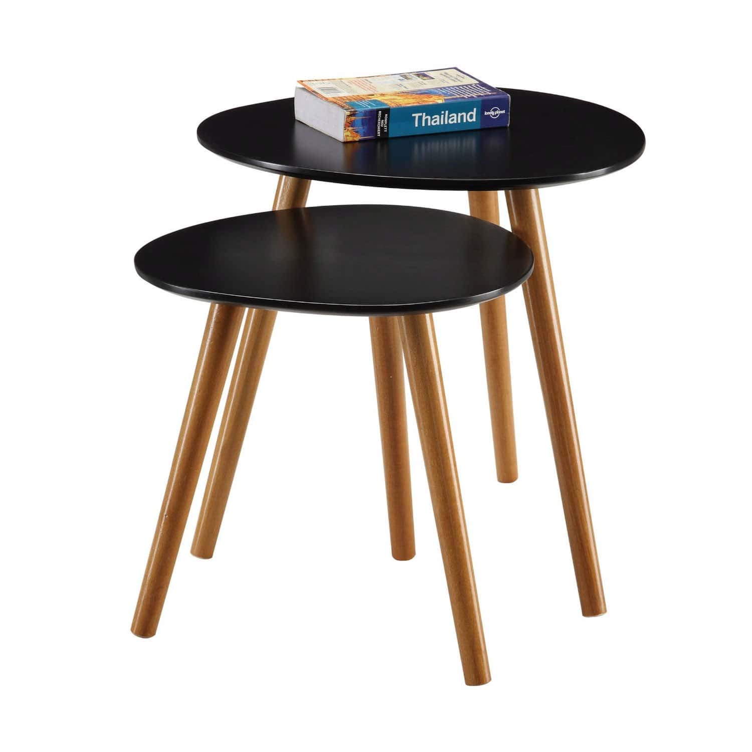 Modern Black Mid-Century Nesting End Tables with Wood Legs (Set of 2) 2 Modern Black Mid-Century Nesting End Tables with Wood Legs (Set of 2) - Image 2