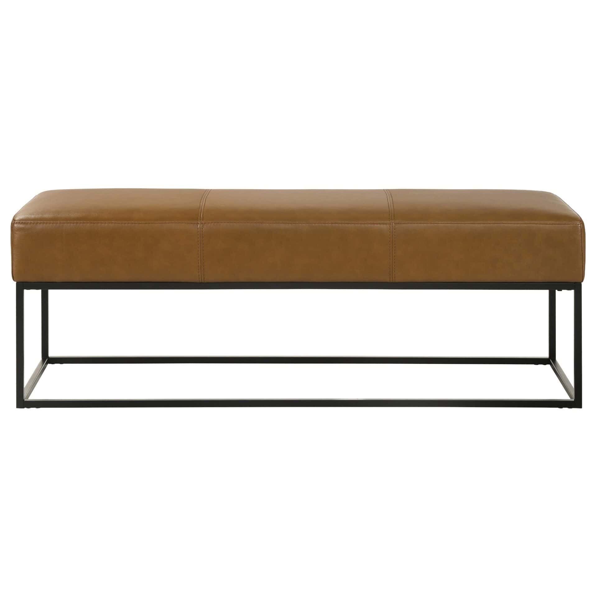 Mid-Century Modern Tan Leather Bench with Metal Frame 1 Mid-Century Modern Tan Leather Bench with Metal Frame