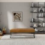 Mid-Century Modern Tan Leather Bench with Metal Frame 7 Mid-Century Modern Tan Leather Bench with Metal Frame