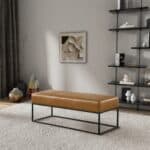 Mid-Century Modern Tan Leather Bench with Metal Frame 8 Mid-Century Modern Tan Leather Bench with Metal Frame