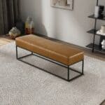 Mid-Century Modern Tan Leather Bench with Metal Frame 9 Mid-Century Modern Tan Leather Bench with Metal Frame