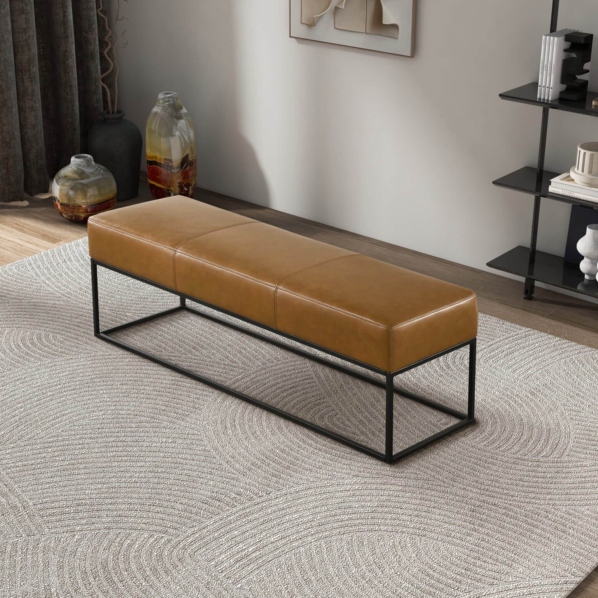 Mid-Century Modern Tan Leather Bench with Metal Frame 4 Mid-Century Modern Tan Leather Bench with Metal Frame - Image 4