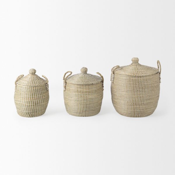 Olivia 15.7L x 15.7W x 17.3H Set of 3 Beige Seagrass Basket WLid and Handles 1