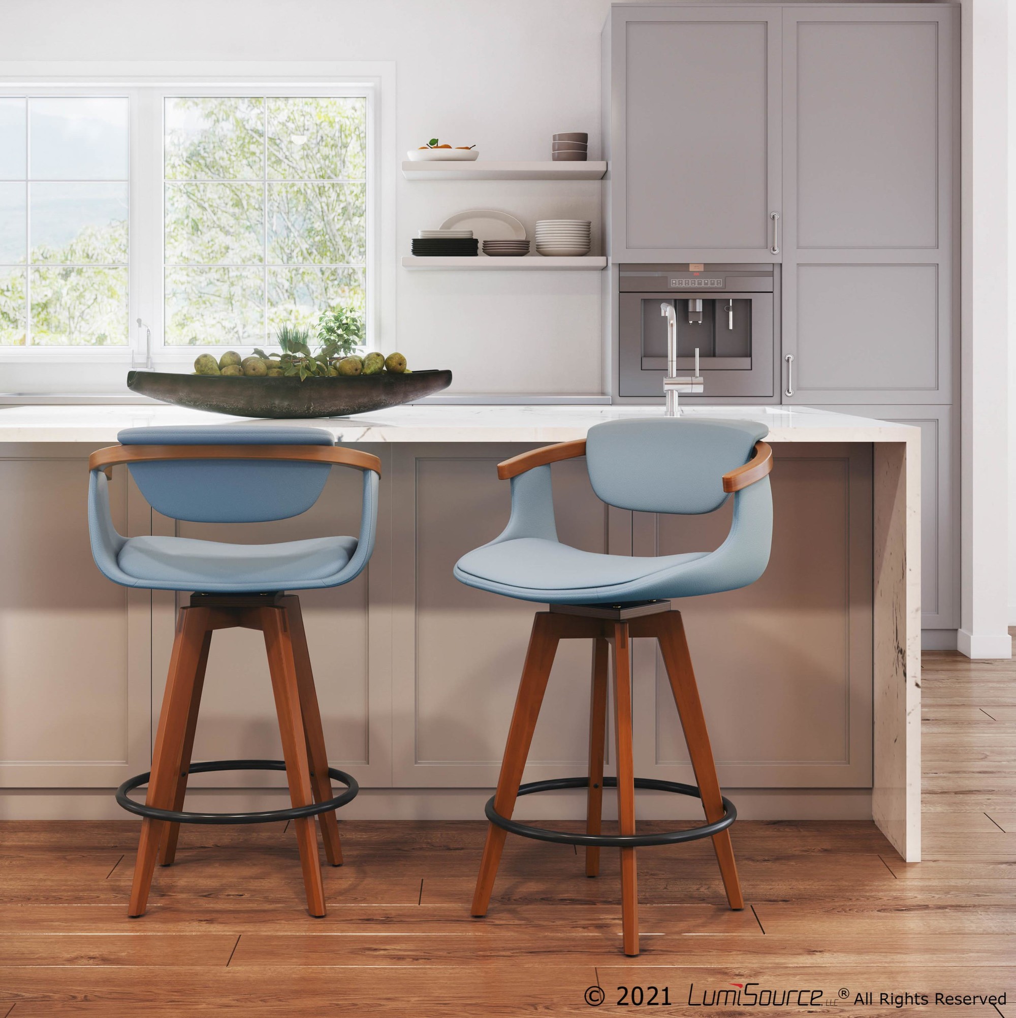 Oracle Walnut Bamboo Grey Faux Leather Mid-Century Modern Counter Stool 2 Oracle Walnut Bamboo Grey Faux Leather Mid-Century Modern Counter Stool - Image 2