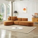 Cognac Velvet Left-Facing Mid-Century Sectional Sofa with Tapered Legs 8 Cognac Velvet Left-Facing Mid-Century Sectional Sofa with Tapered Legs