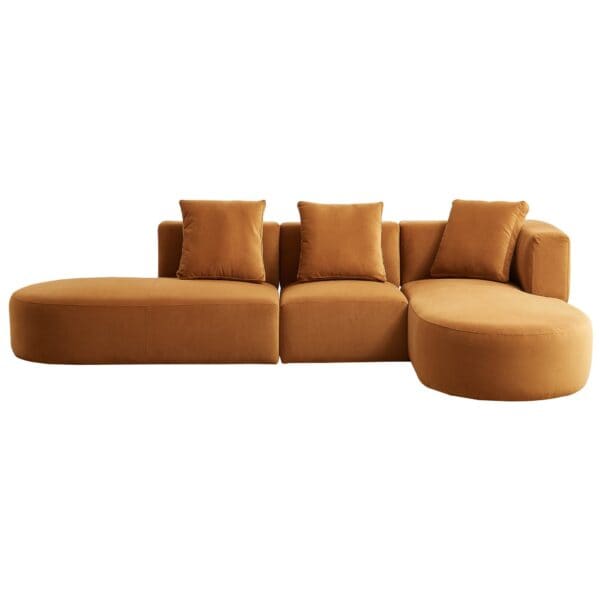 Cognac Velvet Sectional Sofa with Tapered Legs and Mid-Century Style