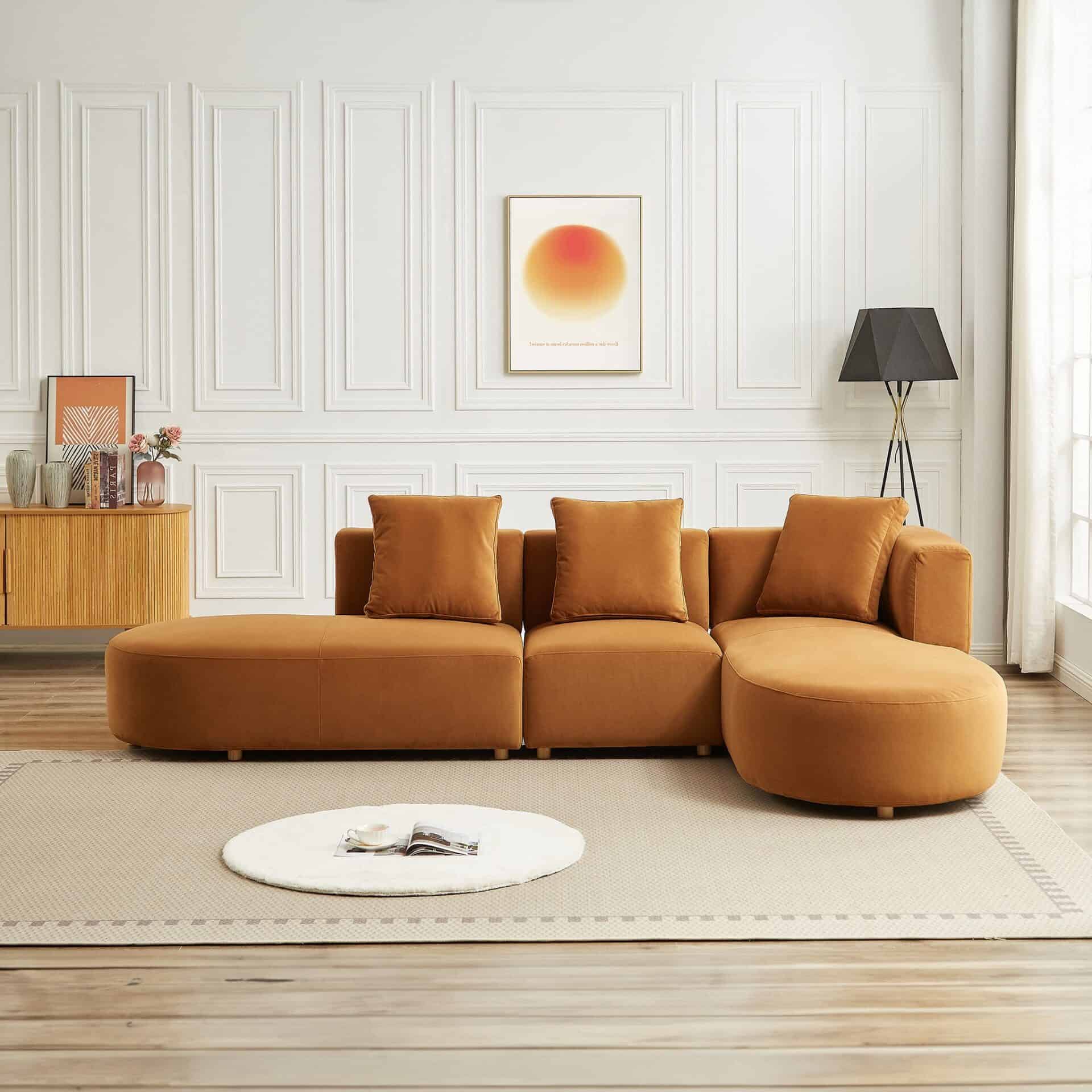 Cognac Velvet Sectional Sofa with Tapered Legs and Mid-Century Style 2 Cognac Velvet Sectional Sofa with Tapered Legs and Mid-Century Style - Image 2